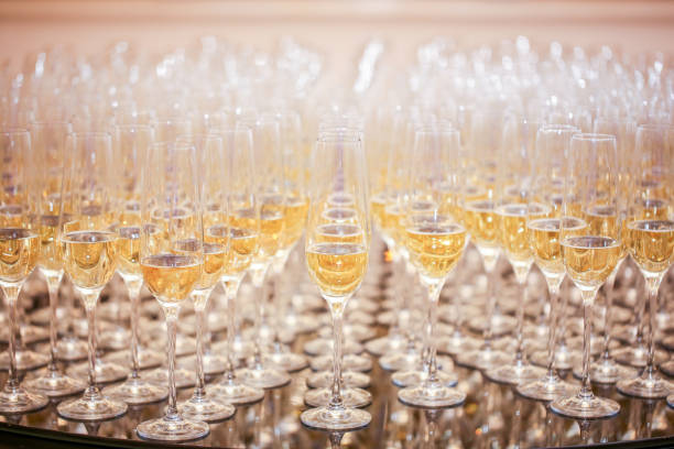 istock Many glasses of champagne at wedding reception 1243155995