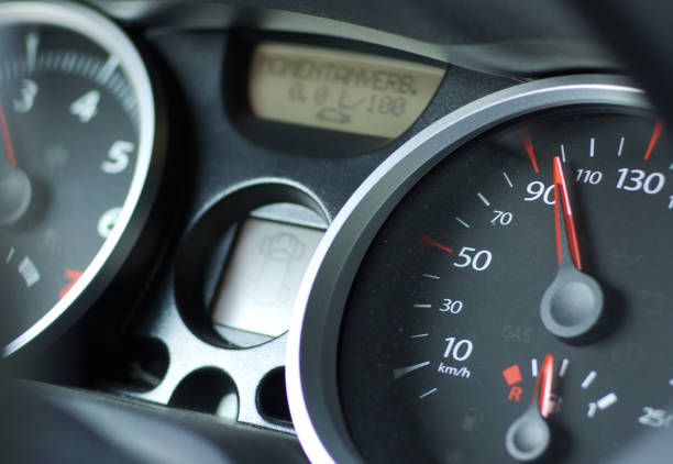 car dashboard Details of car dashboard with speedometer dashboard close up speedometer odometer stock pictures, royalty-free photos & images