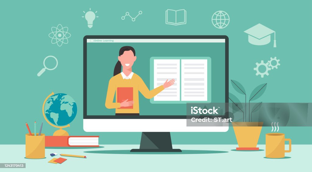 Elearning Computer Screen Elearning Concept Teacher On Computer Screen Stock Illustration ...