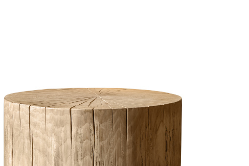 Mesa redonda decorativa de madera sobre fondo blanco. photo