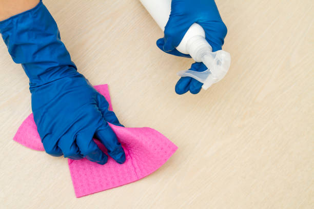 istock A human hands in a protective gloves disinfect the table using disinfectant and cleaning cloth for viruses prevention 1243182661