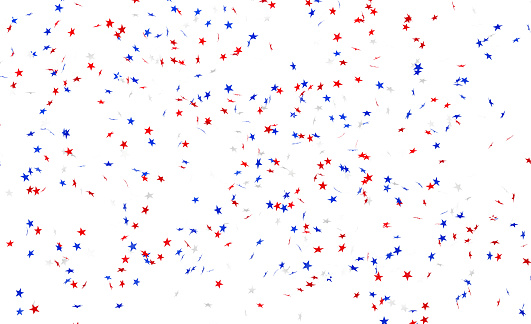 Star shaped paper confetti in USA flag color falling over white background. Horizontal composition with clipping path and copy space.