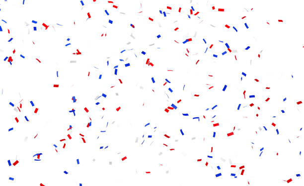 Square Shaped Paper Confetti in American Flag Colors Falling over Blue Background