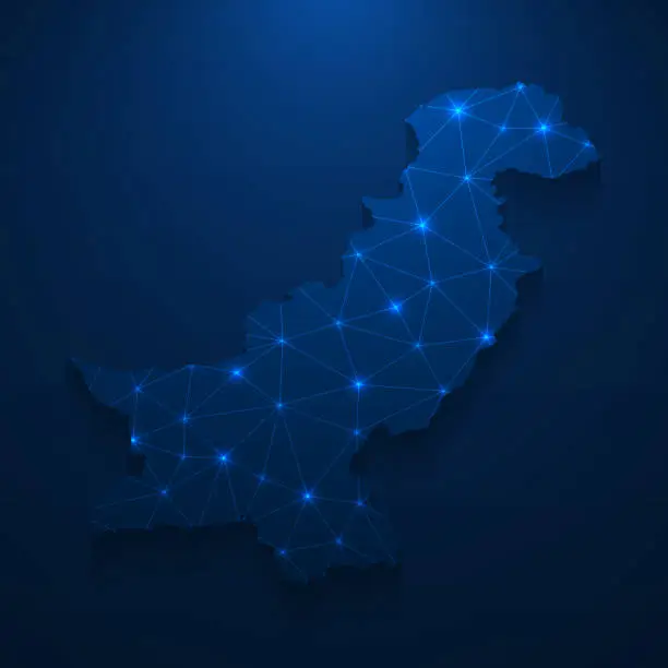 Vector illustration of Pakistan map network - Bright mesh on dark blue background