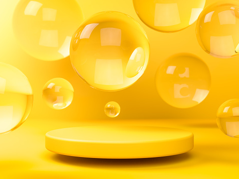 Yellow round stage, pedestal or podium and water and glass bubbles or spheres in yellow studio. 3d illustration. Background or mockup for cosmetics or fashion. Use for product identity, branding and presenting. Place your object or product on pedestal.