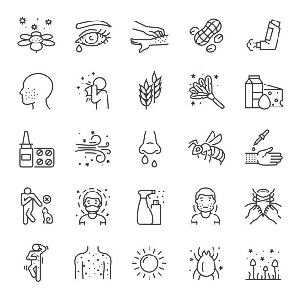 Allergies, allergic diseases, linear icon set. Allergic reaction to an allergen. Line with editable stroke Allergies, allergic diseases, icon set.hypersensitivity of the immune system, linear icons. Allergic reaction to an allergen: food, pollen, dust, etc.Line with editable stroke pollen stock illustrations