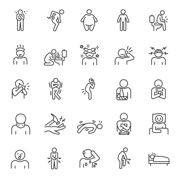 ilustrações de stock, clip art, desenhos animados e ícones de diseases, linear icon set. various symptoms of body disorders, medical signs, diagnosis. line with editable stroke - illness