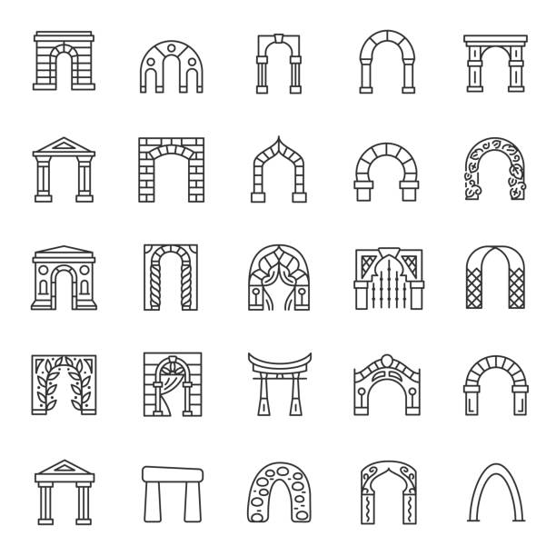 Arches, linear icon set. Arch architectural element from various materials. Line with editable stroke Arches, icon set. Arch architectural element from various materials, linear icons. arch architectural feature stock illustrations