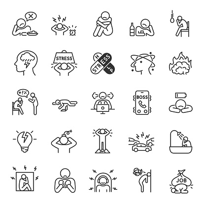 Depression, state of low mood and aversion, sadness, suicidal thoughts icon set. People experiencing depression, linear icons.