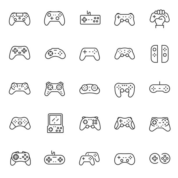 gamepad, joypad, lineare symbol-set. gamepads. video-game-controller. linie mit bearbeitbarem strich - gamer stock-grafiken, -clipart, -cartoons und -symbole