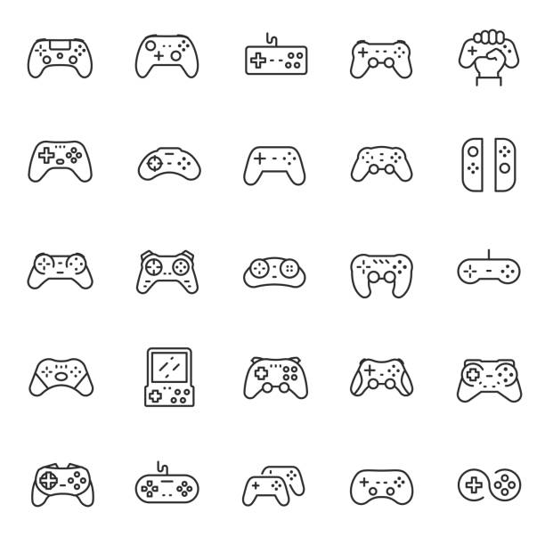 ilustraciones, imágenes clip art, dibujos animados e iconos de stock de gamepad, joypad, conjunto de iconos lineales. gamepads. controlador de videojuegos. línea con trazo editable - gamepad