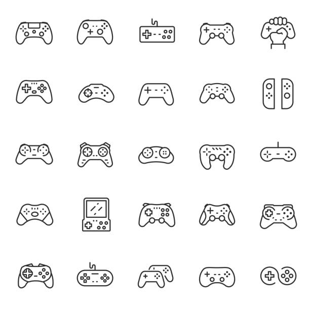 ilustraciones, imágenes clip art, dibujos animados e iconos de stock de gamepad, joypad, conjunto de iconos lineales. gamepads. controlador de videojuegos. línea con trazo editable - palanca de juego