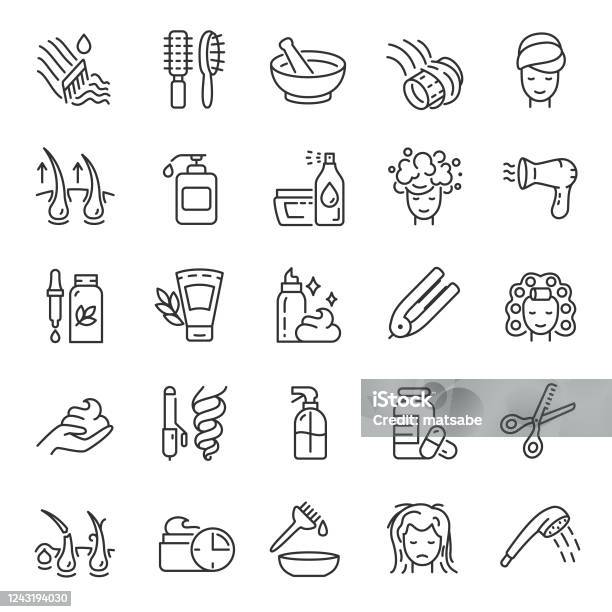 Care And Maintain Healthy Hair Linear Icon Set Condition Improvement Strengthening Trim And Use Of Shampoo Conditioner Line With Editable Stroke Stock Illustration - Download Image Now