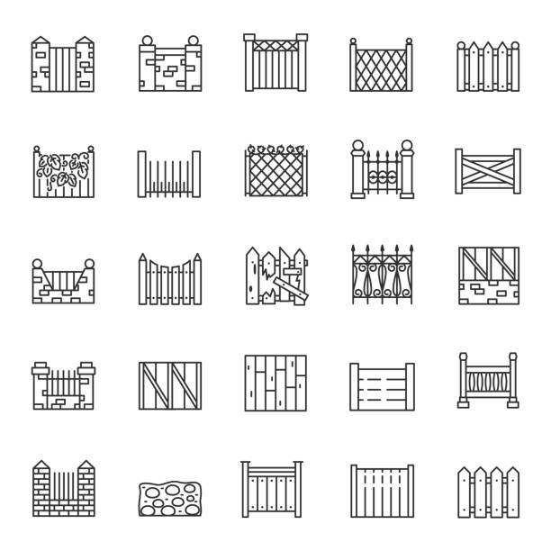 ilustraciones, imágenes clip art, dibujos animados e iconos de stock de valla, conjunto de iconos lineales. esgrima hecha de diversos materiales, ladrillo, malla, madera, hierro. línea con trazo editable - black and white architecture surrounding wall wall