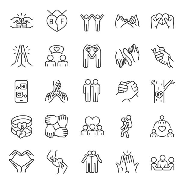 ilustrações de stock, clip art, desenhos animados e ícones de friendship, linear icon set. communication and interaction, mutual affection, relationship between people. friends chatting and having fun with each other. line with editable stroke - friends