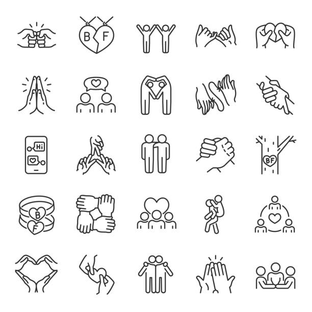 Friendship, linear icon set. Communication and Interaction, mutual affection, relationship between people. Friends chatting and having fun with each other. Line with editable stroke Friendship, icon set. Communication and Interaction, mutual affection, relationship between people, linear icons. Friends chatting and having fun with each other. Line with editable stroke between stock illustrations