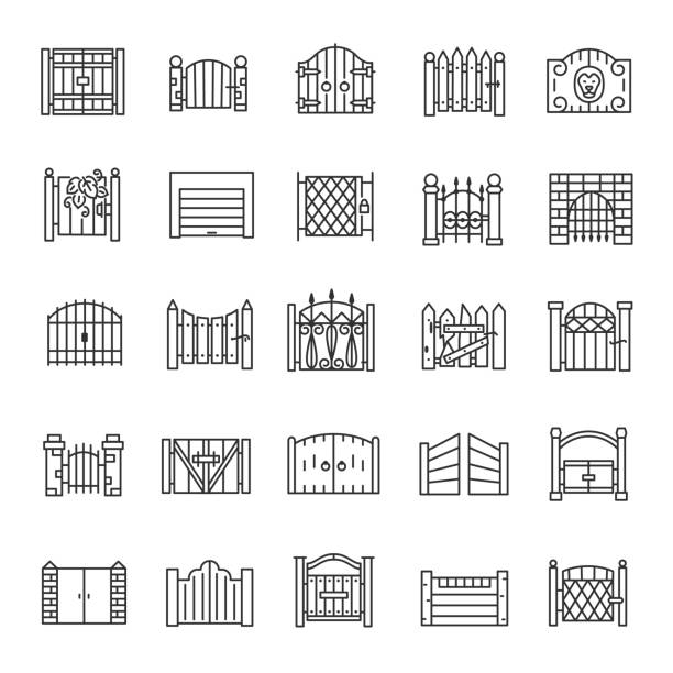 ilustraciones, imágenes clip art, dibujos animados e iconos de stock de puerta, conjunto de iconos lineales. puerta de entrada de madera, hierro, piedra, ladrillo. grandes y pequeños. para fachadas urbanas, castillos, edificios. línea con trazo editable - puerta principal