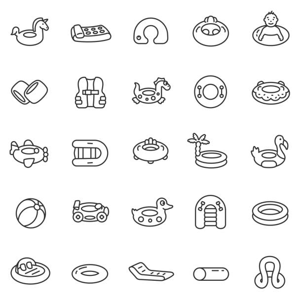 rubber rings of various shapes for swimming, linear icon set. attributes for a summer holiday in the water, air mattress, swimming arm band, boats. Line with editable stroke rubber rings of various shapes for swimming, icon set. attributes for a summer holiday in the water, air mattress, swimming arm band, boats, linear icons. Line with editable stroke inflated pool stock illustrations