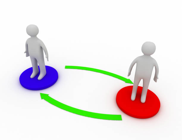 istock Two 3d people standing on different bases are connected with arrows 1243206585
