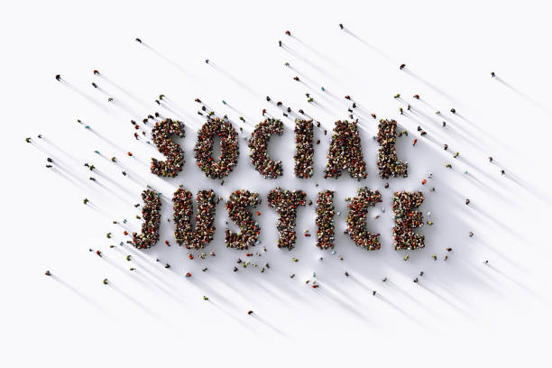 Human Crowd Writing Social Justice on White Background