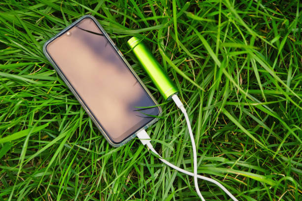 istock Smartphone and external power bank lie on green grass in the park while charging 1243209431