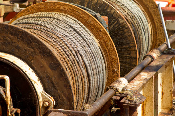 Cargo ships two large rusted winches and steel cables
