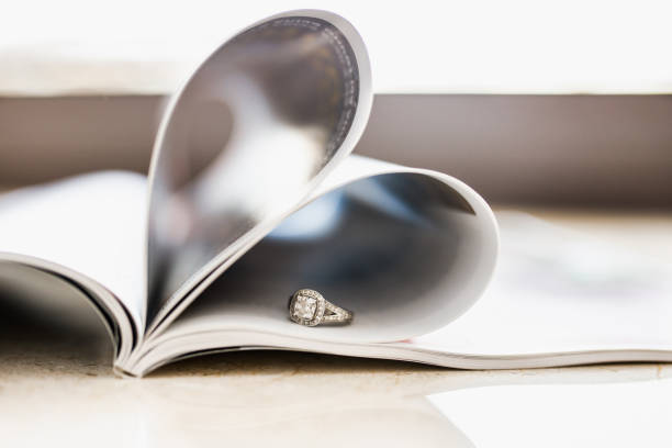 Wedding Luxury Diamond ring casting a heart on Book Using for \
