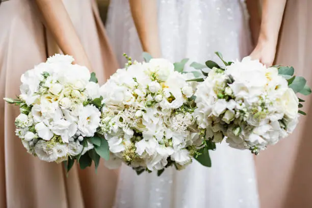 Wedding bouquets holding in hands. Bride and bridesmaids.