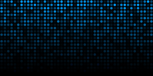 Abstract blue technology horizontal luminous background. Gradient blue digital glow pixel circle texture pattern. Vector illustration.