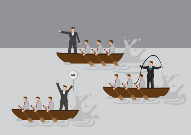Businessmen in Boat Rowing Competition Vector Cartoon Illustration Businessmen in boat rowing competition with leaders using different leadership styles to motivate team. Cartoon vector illustration for business metaphor on types of leaders and leadership styles. autocratic leadership stock illustrations