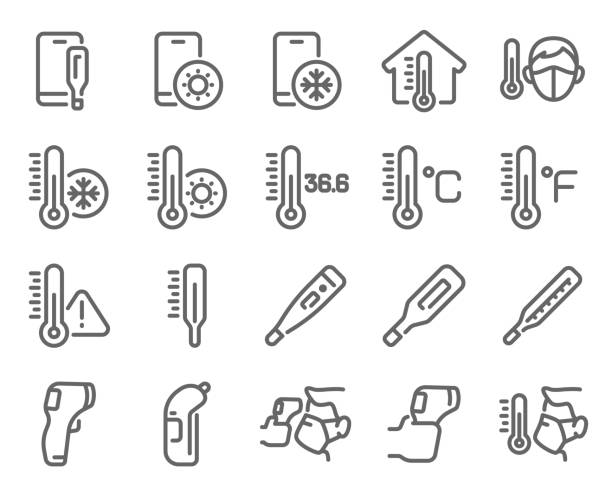 온도계 아이콘 세트 벡터 일러스트레이션입니다. 온도 검사, 스크리닝, 스캐닝, 주의, 섭씨, 화씨 등의 아이콘이 포함되어 있습니다. 확장된 스트로크 - 열 질병 stock illustrations