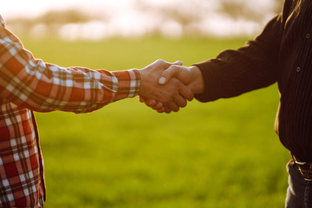 People shaking hands in a wheat field, farmer's agreement. Agricultural growth and farming business concept.
