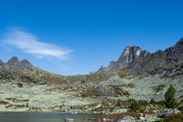 istock lake under rock ridge, autumn hiking in mountain valley 1243235682