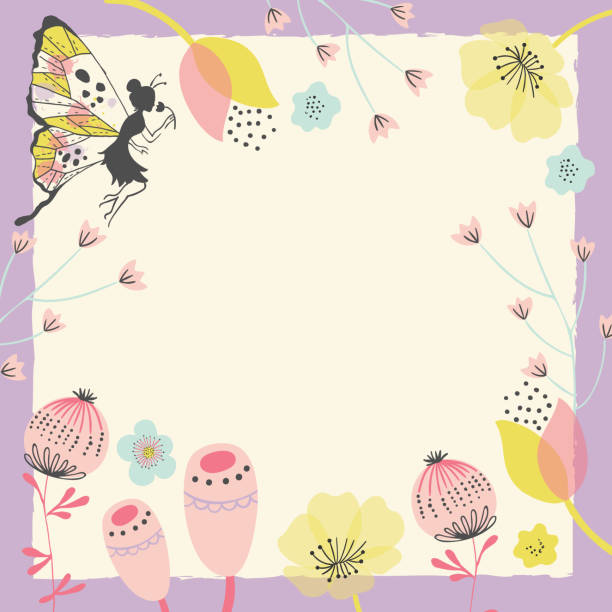 Whimsical Fairy Garden Vector Frame Background A whimsical card template. fairy rose stock illustrations