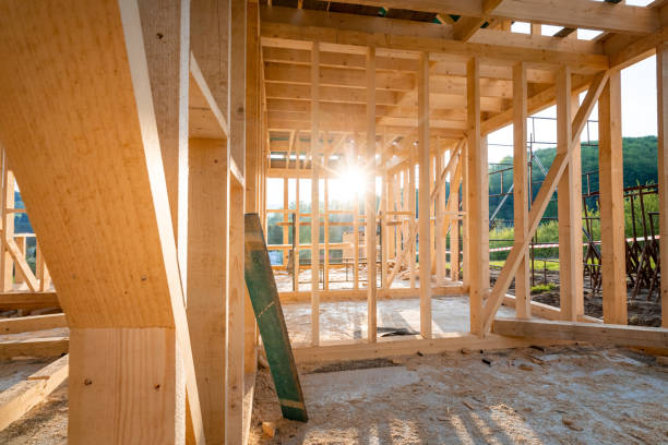 istock Interior frame of new wooden house under construction 1243257380
