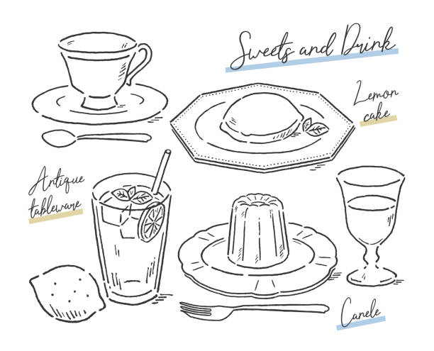Sweets and drink on antique tableware Sweets and drink on antique tableware food cake tea sketch stock illustrations