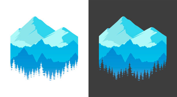 Emblem with Mountains, Vector banner for T-shirt prints Emblem with Mountains, Vector banner for T-shirt prints or Travel company. Sticker with Alpine Rocks and silhouette of forest isolated on white and black background graphic t shirt stock illustrations