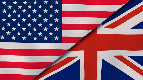 Two states flags of United States and United Kingdom. High quality business background. 3d illustration