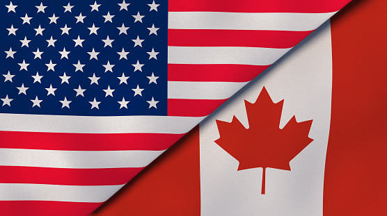 Two states flags of United States and Canada. High quality business background. 3d illustration