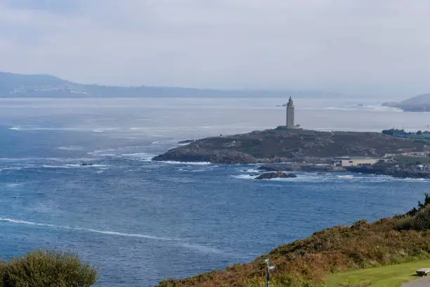 Photo of Views of the Tower of Hercules from Monte de San Pedro in La Coruña, Galica, Spain, Europe.