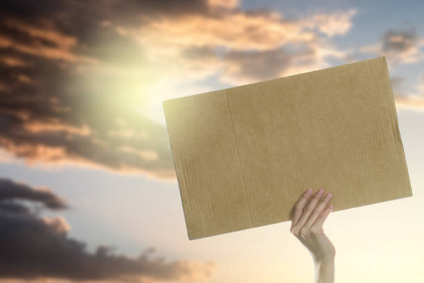 istock Woman's hands holding a blank placard to put the text at protesting with sky and sunlight background. 1243269006