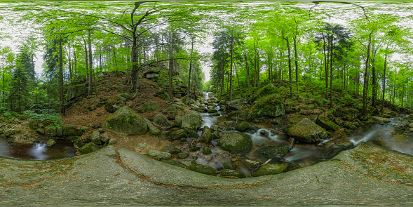 360 degrees spherical panoramic view of a beautiful mountain stream in the Karkonosze (Krkonoše, Giant Mountains) mountains