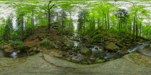 mountain stream with a small waterfall (360-degree panorama, HDRi) 360 degrees spherical panoramic view of a beautiful mountain stream in the Karkonosze (Krkonoše, Giant Mountains) mountains karkonosze mountain range photos stock pictures, royalty-free photos & images