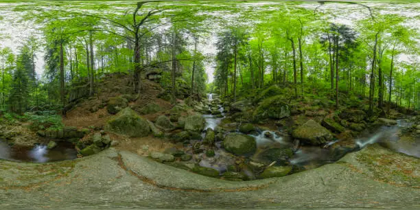 Photo of mountain stream with a small waterfall (360-degree panorama, HDRi)
