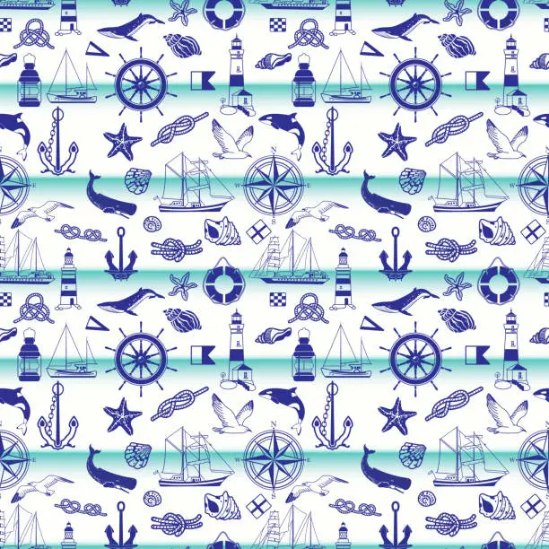 Vector illustration of Seamless pattern on the marine theme. Isolated elements on a light background: sailboats, anchors, seagulls, whales, sea knots, lighthouses, steering wheel. Vector graphics.