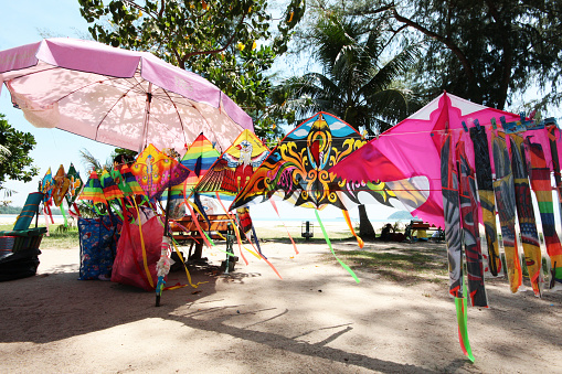 SONGKHLA, THAILAND -May 09, 2012: Beautiful colorful Kites on the beach