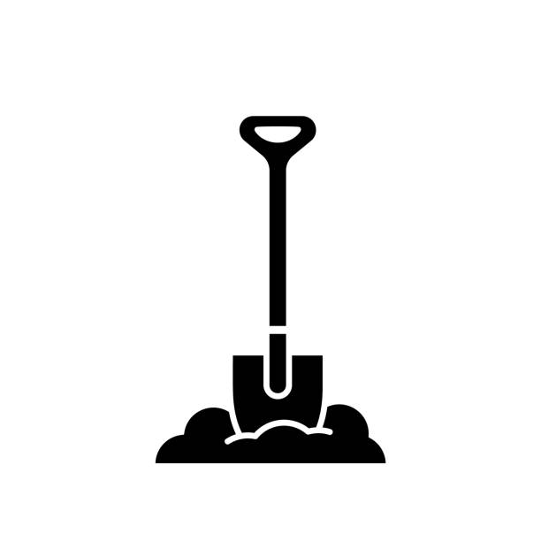 Silhouette Bayonet shovel stuck in pile of earth Silhouette Bayonet shovel stuck in pile of earth. Outline heap of soil and digging tool. Black simple illustration of gardening, uproot, excavation, bury. Flat isolated vector icon on white background bayonet stock illustrations