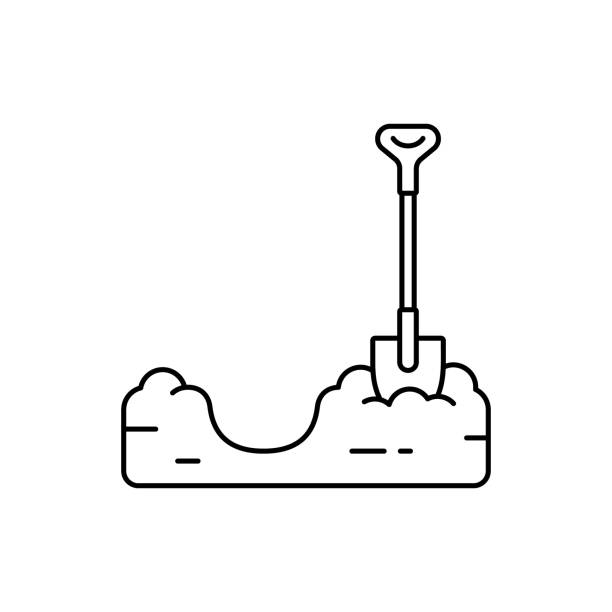 Pit dug in ground with shovel. Soil preparation for planting. Line art icon Pit dug in ground with shovel. Soil preparation for planting. Line art icon of piece of land with trench. Black illustration of gardening, excavation, bury. Contour isolated vector on white background trench stock illustrations