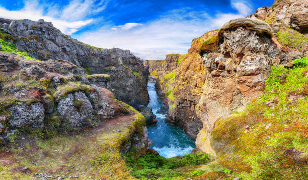 Marvelous view of  Kolugljufur canyon and Kolufossar falls. Kolugljufur gorge is located on river Vididalsa.  Location: Kolugljufur canyon, Vestur-Hunavatnssysla, Iceland, Europe