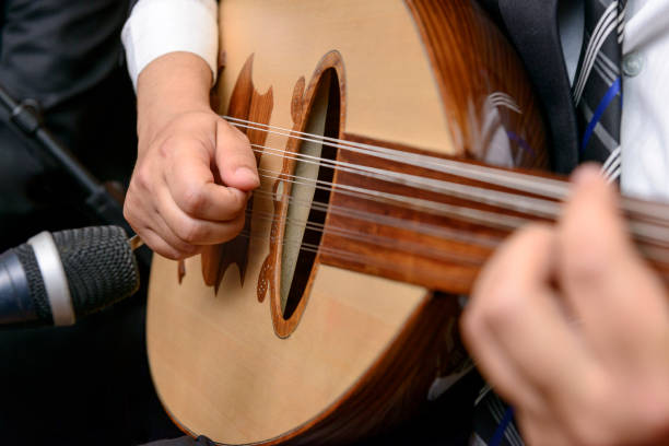 Musician Playing Note on Lute stock photo